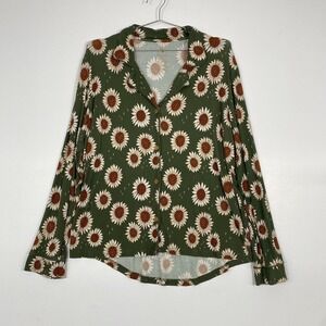 KIKI+LULU Pajama Top Womens XL Green Sunflower Print Bamboo Button Up Lounge